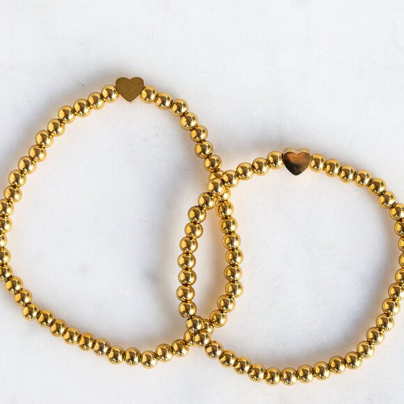 18K Gold Beaded Stretch Bracelet w/Heart Waterproof Stackable Jewelry Heart - Picture 8 of 11